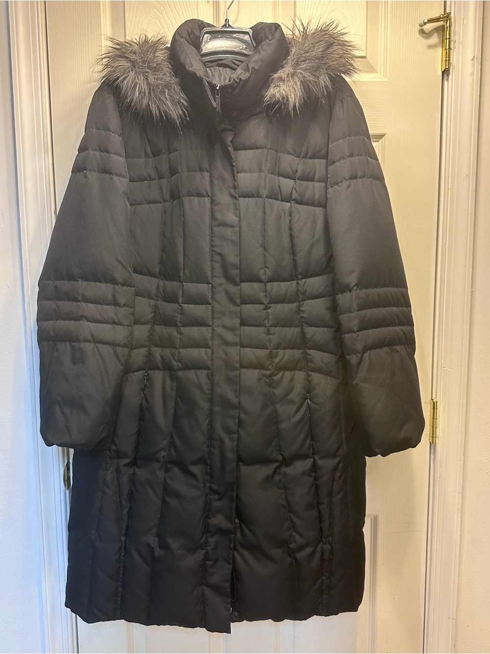 Calvin Klein Black Quilted Long Puffer Coat with Faux Fur Trim